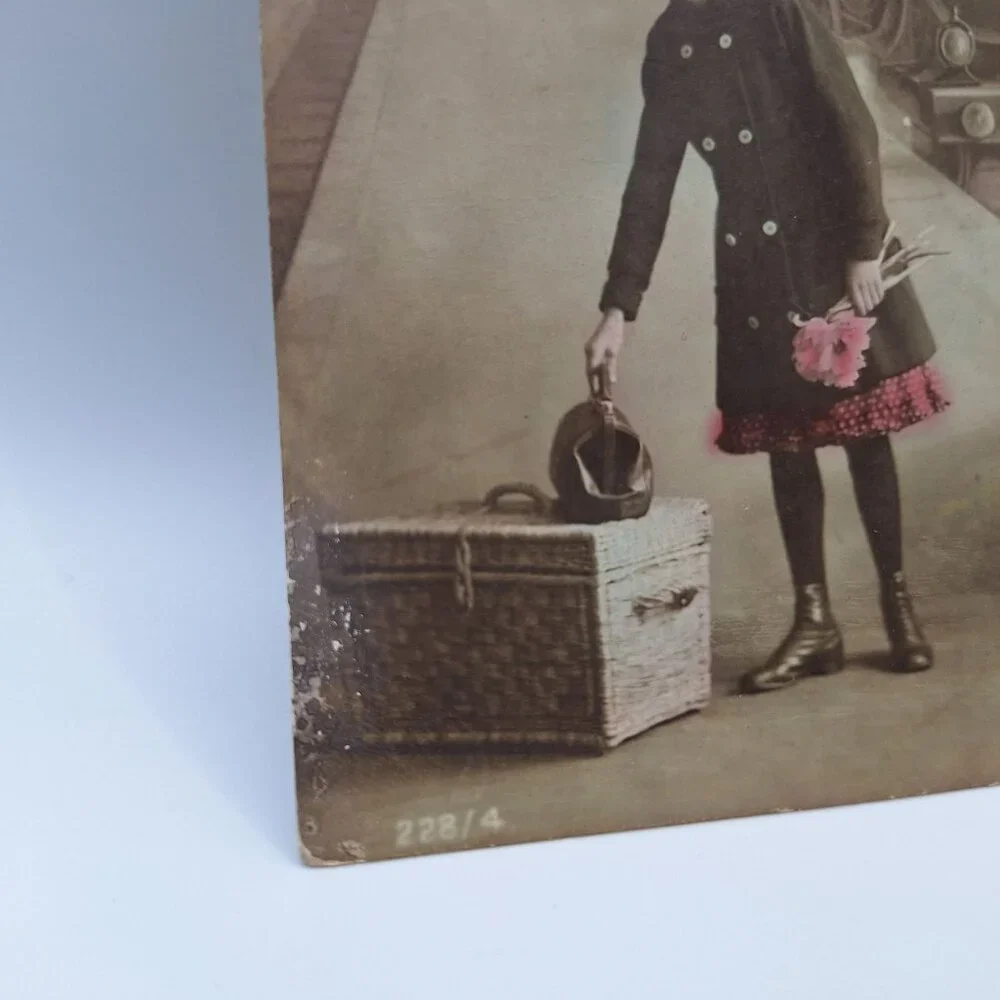 Antique Postcard Girl Suitcase Train Station 228/4 Early 1900s Sepia Tint Europe